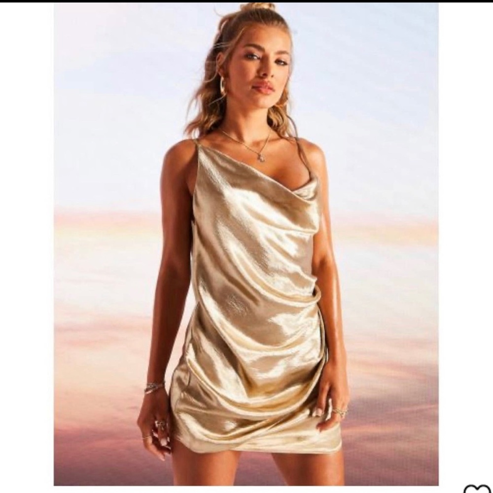 ASOS DESIGN drape satin slip mini dress in high shine in champagne NWT